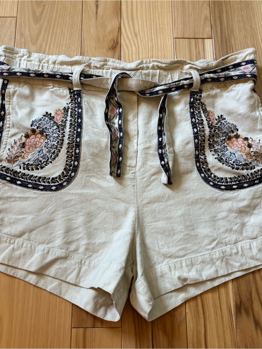 Anthropologie Annaleigh Embroidered High Waisted Belted Shorts